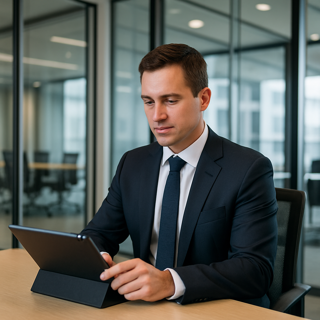 Account manager standing or seated in a modern corporate office or meeting room reviewing client information on a laptop or tablet no headset professi-1