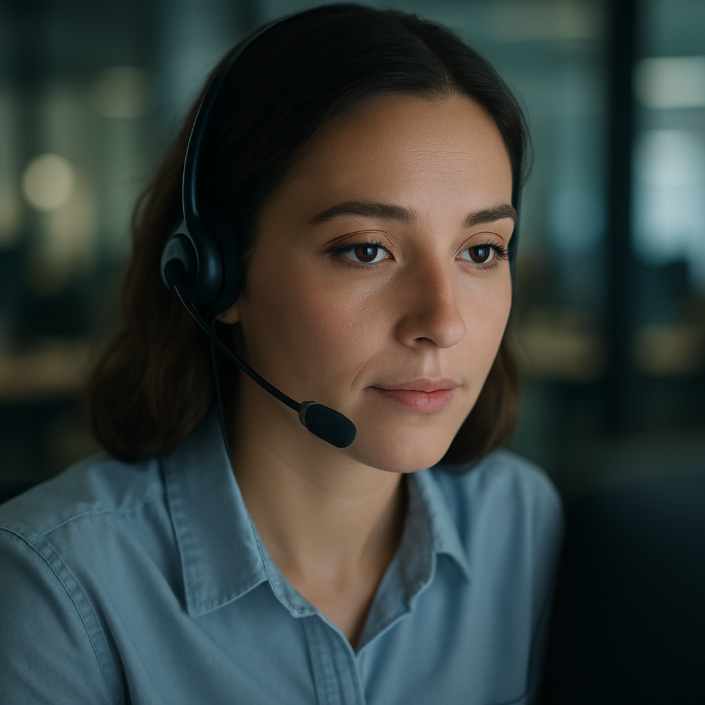 Closeup portrait of a customer service professional in a modern office face softly lit by computer screen subtle headset calm attentive expression sha-1