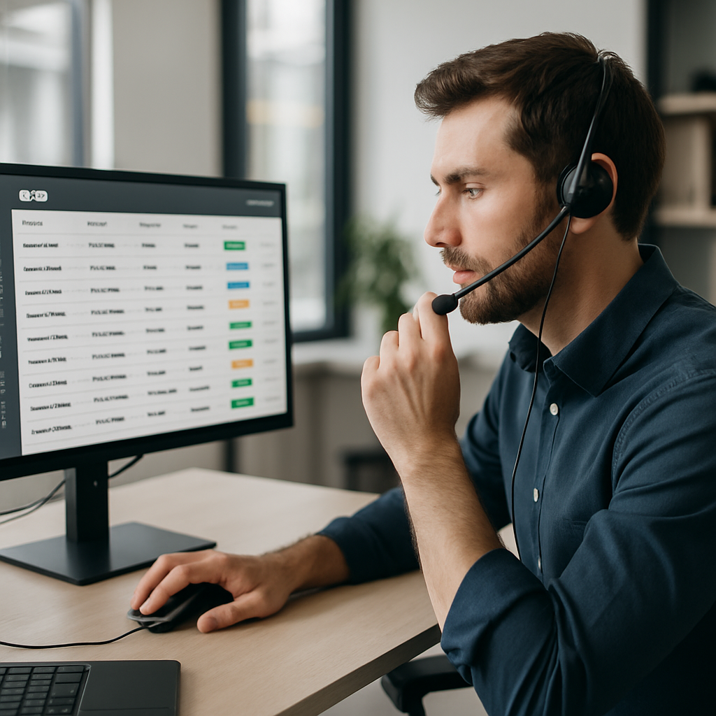 Outbound sales professional making a business call seated naturally facing the monitor one hand on mouse subtle headset CRM software visible camera po