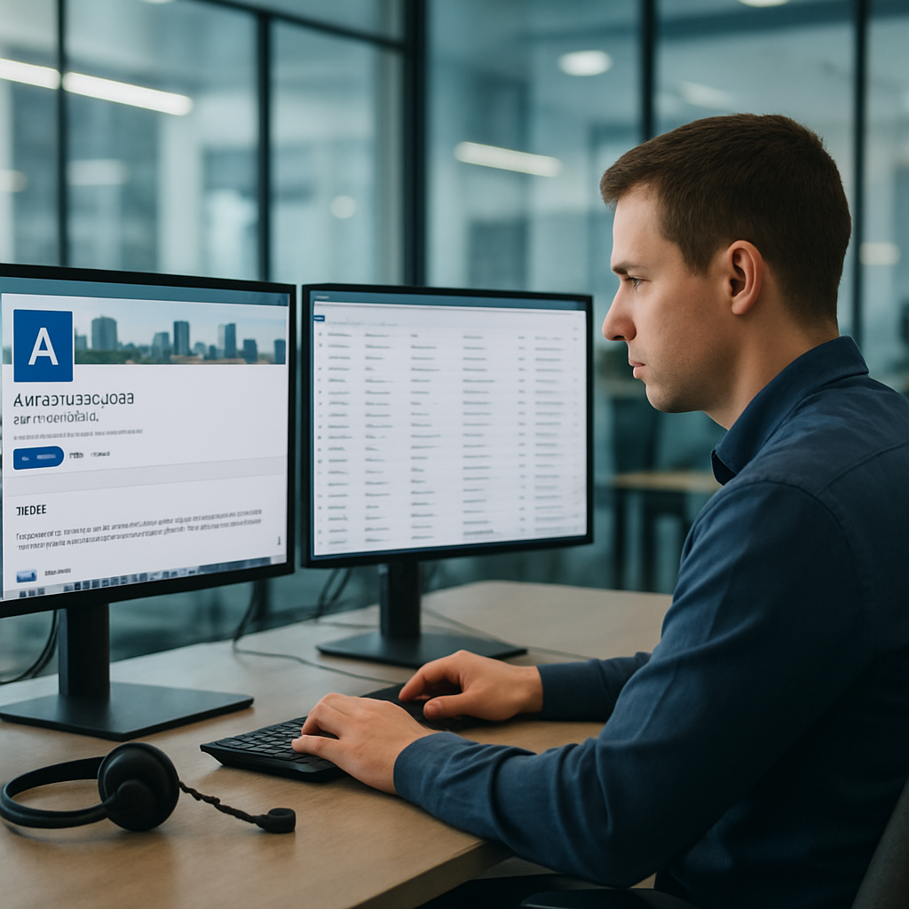 Sales development representative working at a modern workstation headset resting on the desk rather than worn reviewing prospect information across mu-1