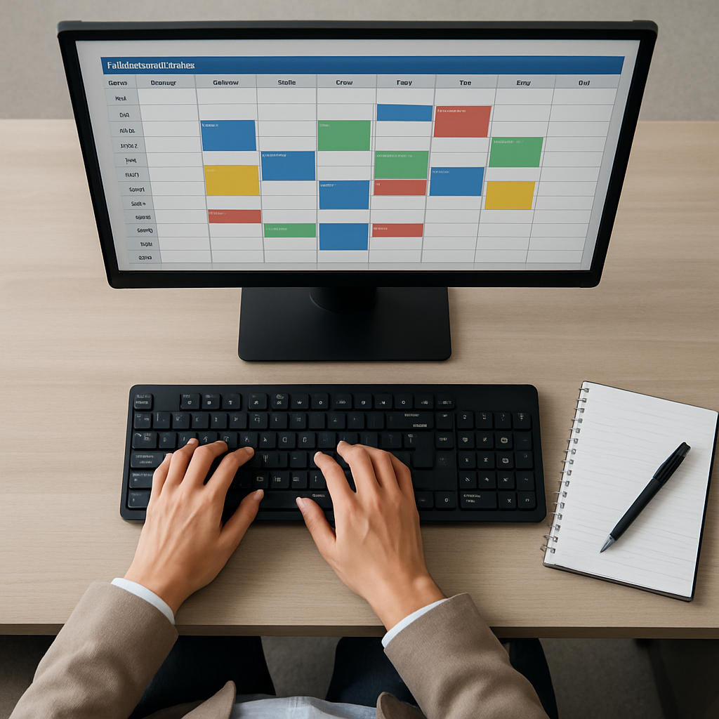 Topdown or highangle view of a professional appointment setters desk computer screen displaying a scheduling calendar notepad and pen visible hands ty