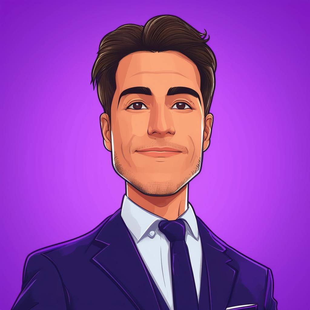 cartoon man in suit with purple background