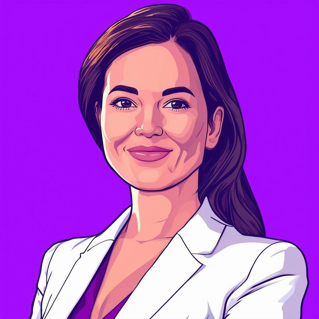 cartoon woman in suit with purple background
